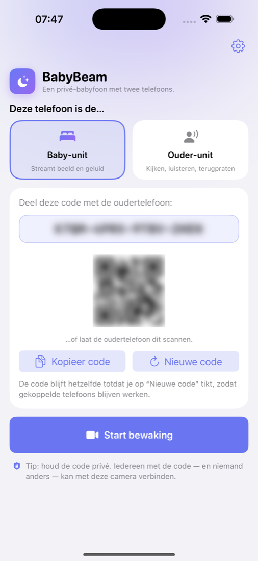 Baby-unit met koppelcode en QR-code