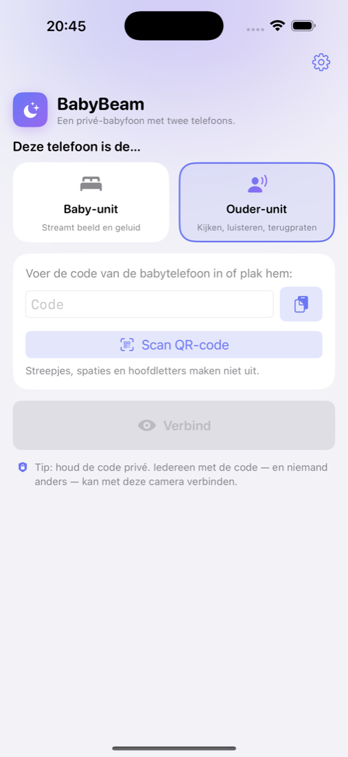 Ouder-unit: code invoeren of scannen